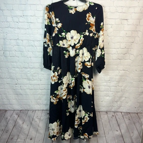 BloomChic Navy Floral Surplice Neck Lantern Sleeve Pocket Dress Size Large 12 - Picture 7 of 7